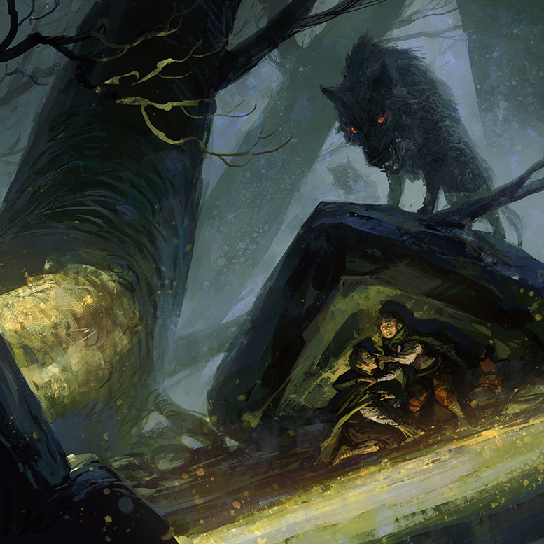 Illustration of two hobbits hiding from a wolf in the woods